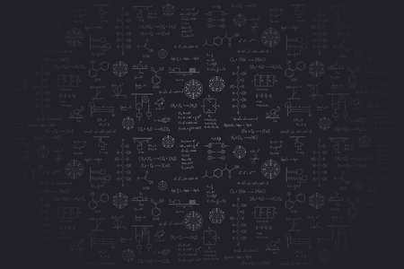 Calculus equations, algebra, organic chemistry, chemical reactions, chemical elements, physics, rectilinear motion, statics, electromagnetism, friction force, energy, on a black backgroundの写真素材