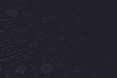 Calculus equations, algebra, organic chemistry, chemical reactions, chemical elements, physics, rectilinear motion, electromagnetism, energy on a black science and engineering backgroundの写真素材