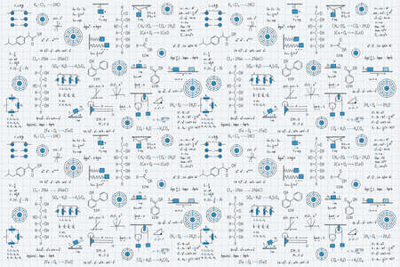 Calculus equations, algebra, organic chemistry, chemical reactions, chemical elements, physics, rectilinear motion, electromagnetism, energy on a science and engineering grid backgroundのイラスト素材