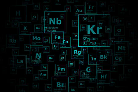 Futuristic background of the periodic table of the chemical elements with their atomic number, atomic weight, element name and symbol on a black backgroundの写真素材