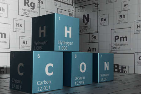 3D rendering of the elements of the periodic table, carbon, hydrogen, oxygen and nitrogen, science and engineering background. 3d illustrationの写真素材