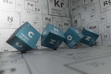 3D rendering of the elements of the periodic table, carbon, hydrogen, oxygen and nitrogen, background for education, science, technology and engineering. 3d illustrationの写真素材