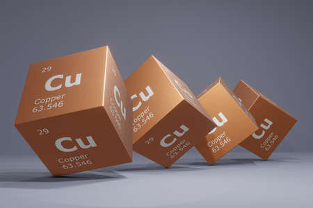 3D rendering of copper, chemical element of the periodic table. Education, science and technology background. 3d illustrationの写真素材