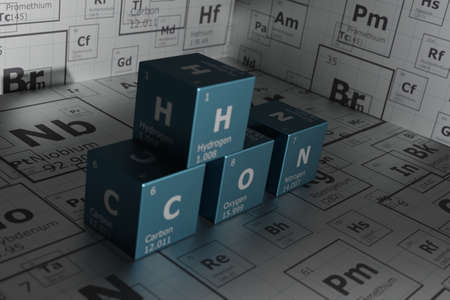 3D rendering of the elements of the periodic table, carbon, hydrogen, oxygen and nitrogen, science, technology and engineering background. 3d illustrationの写真素材