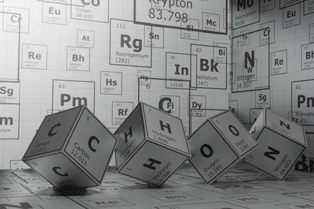 Background of 3d cubes of the elements of the periodic table, carbon, hydrogen, oxygen and nitrogen, background for education, science, technology and engineeringの写真素材