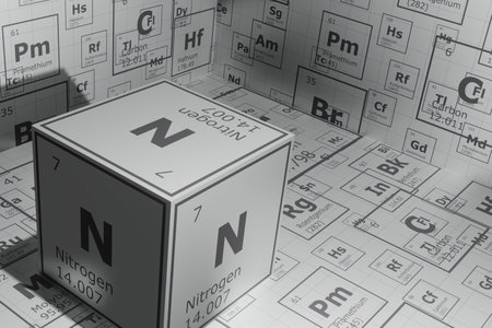 3d background of the elements of the periodic table, nitrogen, background for education, science, technology and engineeringの写真素材