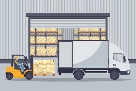 Industrial warehouse for the storage of products. Worker driving forklift loading pallets to refrigerator truck. Industrial storage and distribution of productsのイラスト素材