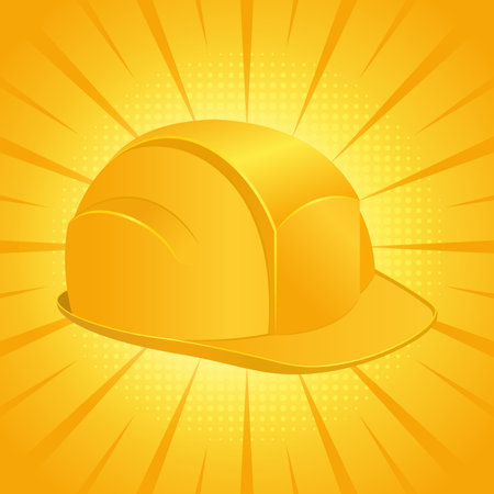 Yellow safety helmet design with cartoon background. Industrial helmet for construction worker or engineer. Personal protective equipment that protects the head from injuries in work accidentsの写真素材
