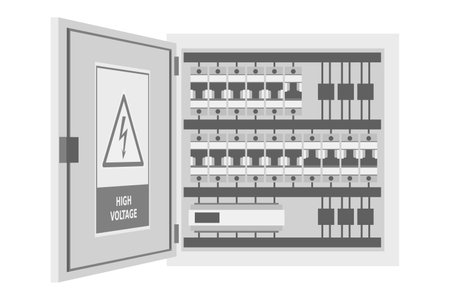 Electrical box, electrical switch panel with high voltage and electrical hazard safety icon and...