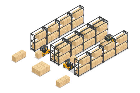 Isometric warehouse with rack or metal Storage Shelves, boxes on pallet transported by forklift. Safety in handling a fork lift truck. Industrial logistics of storage and distribution of productsのイラスト素材