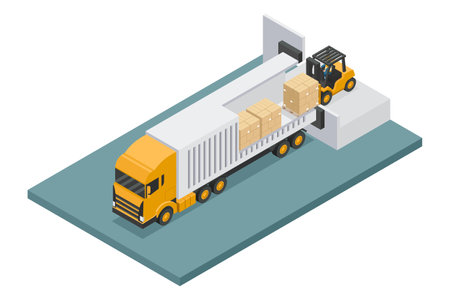 Isometric forklift unloading stacked boxes on pallet from container truck at unloading dock. Safety in handling a fork lift truck. Industrial logistics of storage and distribution of productsのイラスト素材