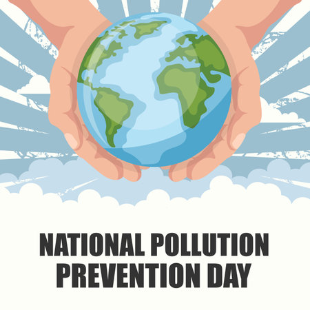 National pollution prevention day design with hands holding planet earth. Poster to raise awareness about caring for the environmentのイラスト素材