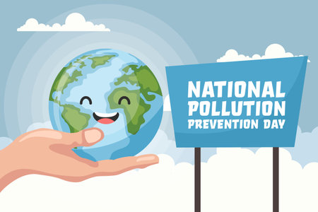 Cartoon background of the planet earth held by a hand with the text of the national pollution prevention day. Poster to raise awareness about caring for the environmentのイラスト素材