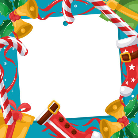 Merry christmas frame for picture with santa claus boots, candy cane, finished leaves, bell, with snow in the backgroundのイラスト素材