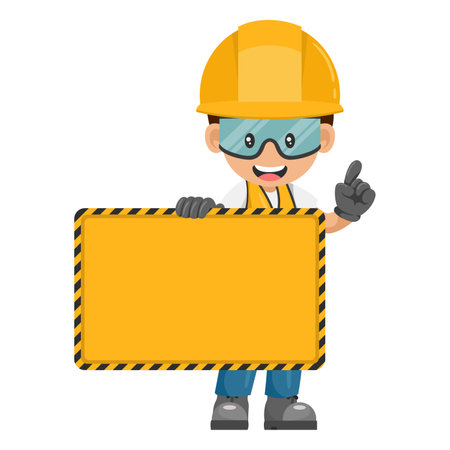 Industrial worker in personal protective equipment holding sign with copy space for text for advertising, presentation, brochures. Industrial safety and occupational health at workのイラスト素材