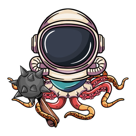 Cartoon comic character octopus cyborg astronaut with space suit and a war mace. Illustration for fantasy, science fiction and adventure comicsのイラスト素材