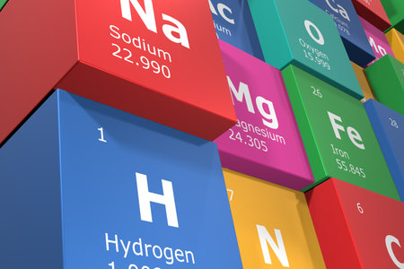 3D rendering of cubes of the elements of the periodic table, sodium, hydrogen, oxygen and nitrogen. Science, technology and engineering. 3D illustrationの写真素材