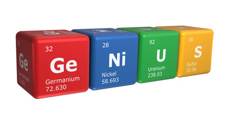 3D rendering of cubes of the elements of the periodic table, germanium, nickel, uranium and sulfur...