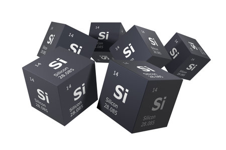Silicon, 3D rendering of symbols of the elements of the periodic table, atomic number, atomic...