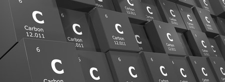 Carbon, 3D rendering background of cubes of symbols of the elements of the periodic table, atomic number, atomic weight, name and symbol. Education, science and technology. 3D illustrationの写真素材