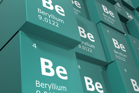 Beryllium, 3D rendering background of cubes of symbols of the elements of the periodic table, atomic...