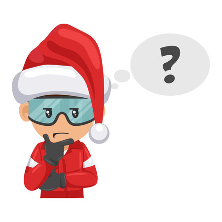 Engineer mechanic with Santa Claus hat thinking and expressing doubt in a new industrial project. Question sign for FAQ concept. Merry christmas. Industrial safety and occupational health at workのイラスト素材