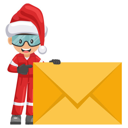 Industrial mechanic with Santa Claus hat with letter envelope for email. Concept of communication, notification and contact. Merry christmas. Industrial safety and occupational health at workのイラスト素材