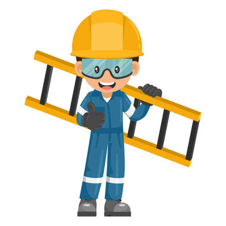 Industrial mechanic worker carrying a ladder with thumb up. Supervisor with personal protective equipment. Industrial safety and occupational health at workのイラスト素材