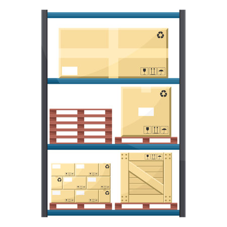 Warehouse with industrial metal racks and shelves for pallet support. Cargo and shipping logistics. Industrial storage and distribution of productsのイラスト素材