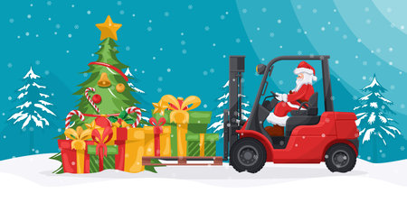 Santa Claus driving a forklift loading gifts on a snowy Christmas winter night. Christmas campaign for cargo logistics and shipping of high demand merchandise for the Christmas seasonのイラスト素材