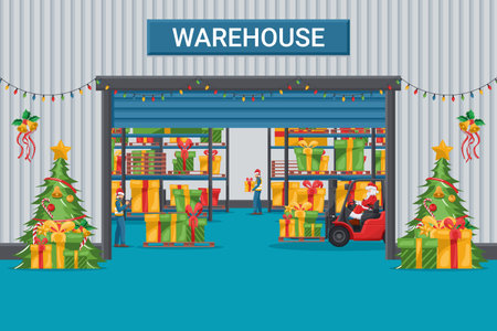 Warehouse decorated with lights and Christmas tree with pallet racks with gift boxes. Santa Claus driving a forklift. Christmas campaign for cargo logistics and shipping of high demand merchandiseのイラスト素材