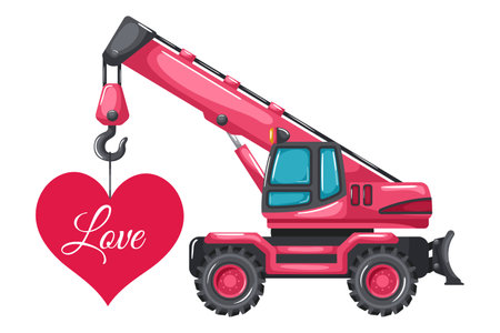 Telescopic crane on wheels cartoon pink color lifting a heart card for Valentine's Day. Heavy machinery used in the construction and mining industryのイラスト素材