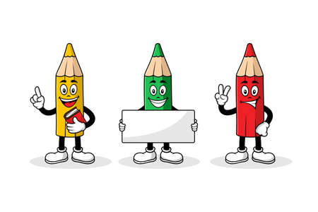Pencil cartoon character with book, banner vector design collectionのイラスト素材
