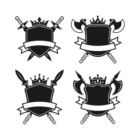 shield knight weapon and king crown with ribbon logo design collectionのイラスト素材