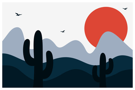 Mountain landscape poster with sun, cactus and eagle illustration
for banner, wallpaper, print, sticker, decoration, letter and moreのイラスト素材