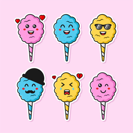 Cotton candy cute character sticker design collectionのイラスト素材