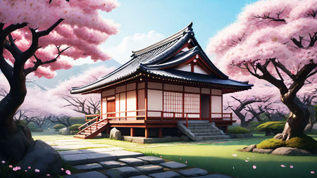 Cherry blossoms and Japanese temple in spring,3d renderの素材