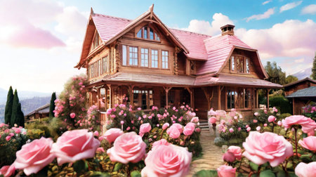 Beautiful wooden house in the garden with pink roses on the backgroundの素材