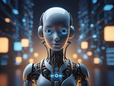 3d rendering humanoid robot listening to music with headphones on black backgroundの素材