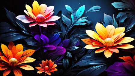 Abstract floral background with tropical leaves and flowers, 3d illustration.の素材
