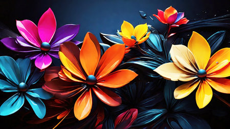 Colorful paper flowers on black background. Copy space for text.の素材
