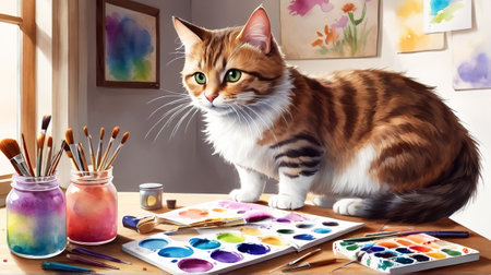 Cute ginger cat sitting on the table with paints and brushes.の素材