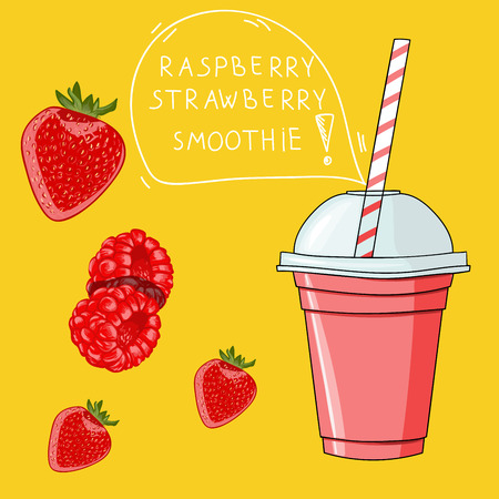 Glass with raspberry strawberry smoothie. Natural bio drink, healthy organic food. Hand drawn vector illustration in doodle style isolated on background.のイラスト素材