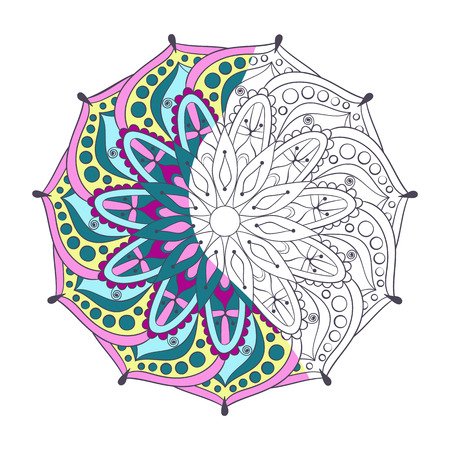 Zentangle stylized elegant color Indian Mandala for coloring page. Hand drawn vintage Ornament Pattern on white background. Ethnic decorative elements. Yoga spirit.のイラスト素材