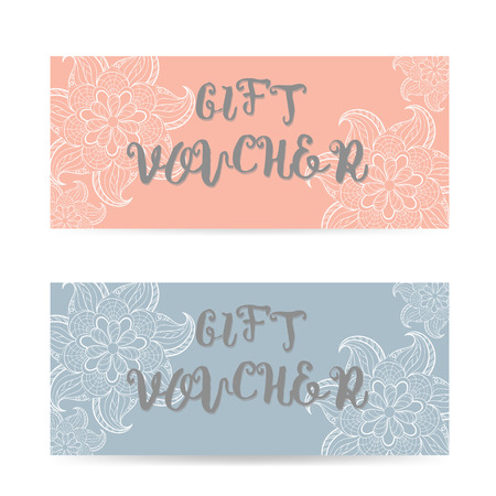 Pink and blue Gift voucher template with lace zentangle pattern isolated on white background. Vector illustration with arabic mandala.のイラスト素材