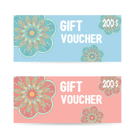 Pink and blue Gift voucher template with color lace zentangle pattern isolated on white background. Vector illustration with arabic or indian mandala.のイラスト素材