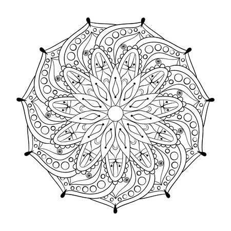 Zentangle stylized elegant round Indian Mandala for adult anti-stress coloring pages. Hand drawn vintage Ornament Pattern on white background. Ethnic decorative elements. Yoga spirit.のイラスト素材
