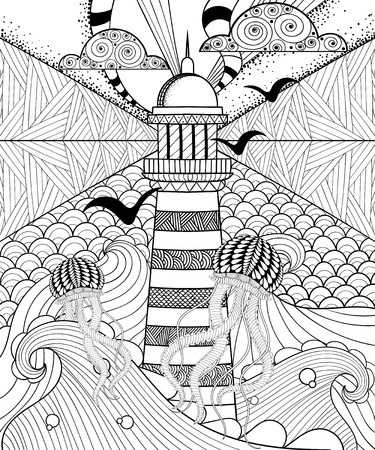 Hand drawn adult coloring page, artistically Sea with ethnic Lighthouse, patterned Jellyfish and ornamental clouds in doodle, zentangle tribal style, tattoo design. Sea vector illustration.のイラスト素材