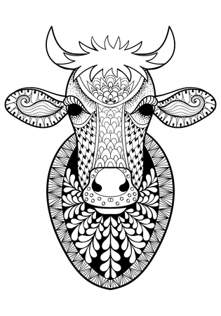 Hand drawn Cow head patterned for adult anti stress coloring page A4 size in doodle, zentangle style, ethnic ornamental patterned print, monochrome sketch. Floral printable vector illustration.のイラスト素材