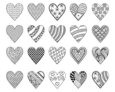 Hand drawn ethnic patterned hearts for St. Valentine's day in doodle, zentangle style for adult coloring pages, tattoo, t-shirt or prints. Decoration elements for postcard. Vector illustration.のイラスト素材